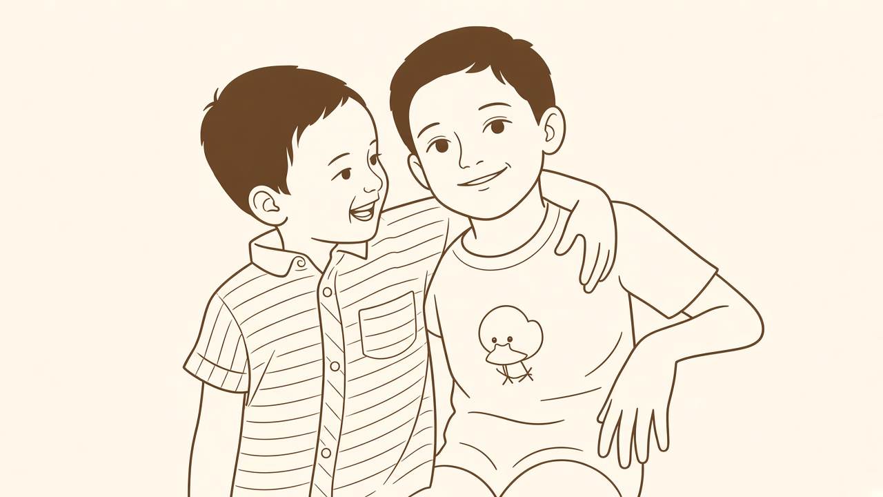 Line drawing of two brothers — one with an arm around the other